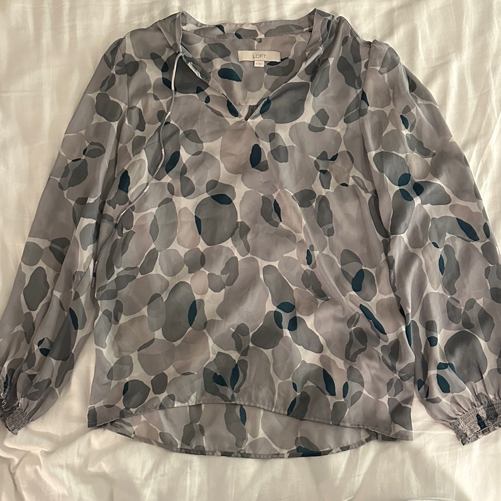 Loft Gray And Blue Patterned Blouse - image 1